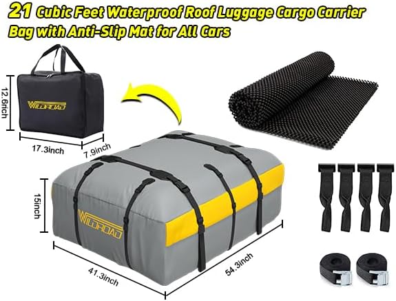 Car Roof Bag Rooftop Cargo Carrier, 21 Cubic Feet Waterproof Roof Luggage Cargo Carrier Bag with Anti-Slip Mat for All Cars Vehicles SUV with/Without Rack (with 2PCS 4M Ratchet Straps)