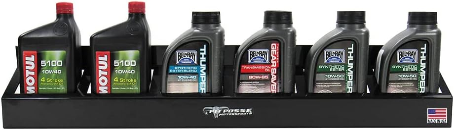 Pit Posse 304BK Six Quart Oil Can Rack Holder 32" Caddy Wall Hanger Aluminum Shelf - Made in USA - Holds 6 Quarts of Motor Engine Oil - Enclosed Race Trailer Shop Garage Storage Organizer (Black)