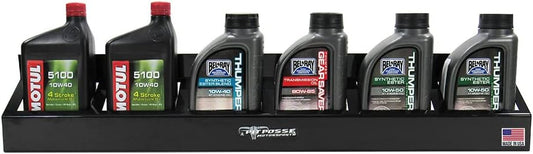 Pit Posse 304BK Six Quart Oil Can Rack Holder 32" Caddy Wall Hanger Aluminum Shelf - Made in USA - Holds 6 Quarts of Motor Engine Oil - Enclosed Race Trailer Shop Garage Storage Organizer (Black)