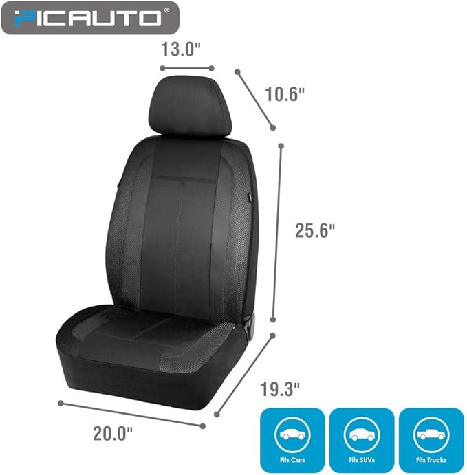 PIC AUTO Low Back Front Car Seat Covers - Sports Carbon Fiber Mesh Design, Two Front Set, Airbag Compatible, Universal Fit for Most Cars (Black)