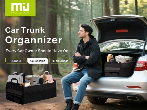 MIU COLOR Trunk Organizer for SUV, Collapsible Car Organizer with 12 Pockets, Non-Slip Bottom, Storage Organizer for Sedan, Van, Jeep, Grocery, Car Accessories, Large 3 Compartments, Black,32"×13"×12"