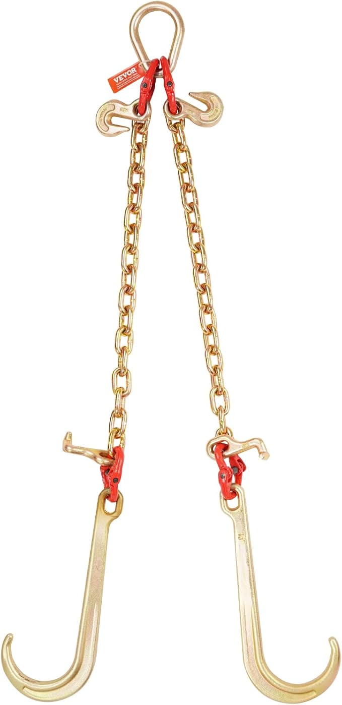 VEVOR G80 V Bridle Chain, 3/8" x 2' Towing Chain Bridle with 15" J Hooks, T Hooks & Grab Hooks, Heavy Duty Transport Tow Chain Bridle with 7800 lbs Safe Working Load for Flatbed Truck Wrecker Recovery