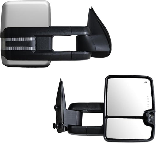 AERDM Towing Mirrors Compatible with 2003-2007 Chevy Silverado Side Mirror, GMC Sierra Tow Mirrors Power Heated with LED Arrow Turn Signal Puddle Light Pair set Chrome