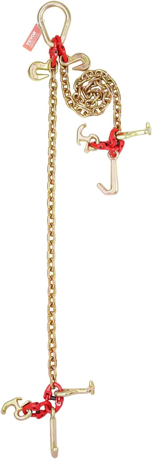 VEVOR G80 V Bridle Chain, 5/16" x 3' Towing Chain Bridle with R Hooks, T Hooks, J Hooks and Grab Hooks, Transport Tow Chain Bridle with 10800 lbs Safe Working Load for Flatbed Truck Wrecker Recovery