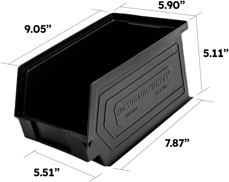Plastic Storage Bins, Hanging, Stackable, Storage Organizer Bin for Warehouses, Workshops 9-Inch x 5-Inch x 5-Inch, Black, 12-Pack