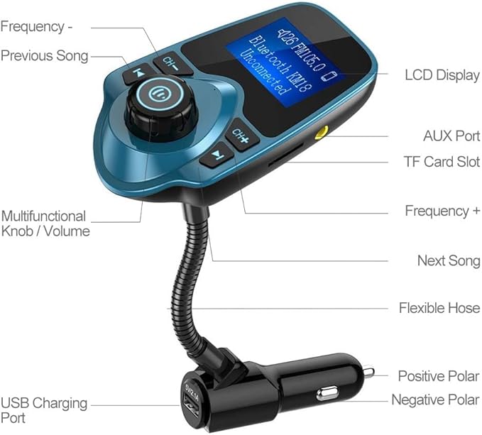 Nulaxy Bluetooth Car FM Transmitter Audio Adapter Receiver Wireless Handsfree Voltmeter Car Kit TF Card AUX 1.44 Display – KM18 Peacock Blue