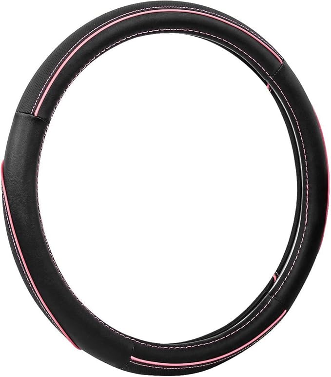 CAR Pass Colour Piping Leather Universal Fit Steering Wheel Cover, Perfectly fit for 14.5-15 inches Suvs, Vans, Trucks, Sedans, Cars (Black&Pink)