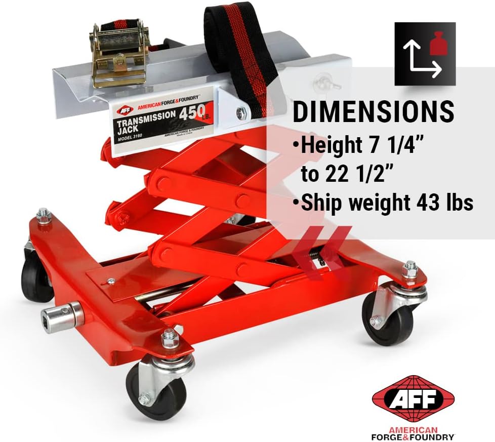 AFF Manual Transmission Jack - Use 1/2" Drive Ratchet to Operate - for Transmissions & Gas Tanks on Smaller Vehicles - 450 lbs Capacity