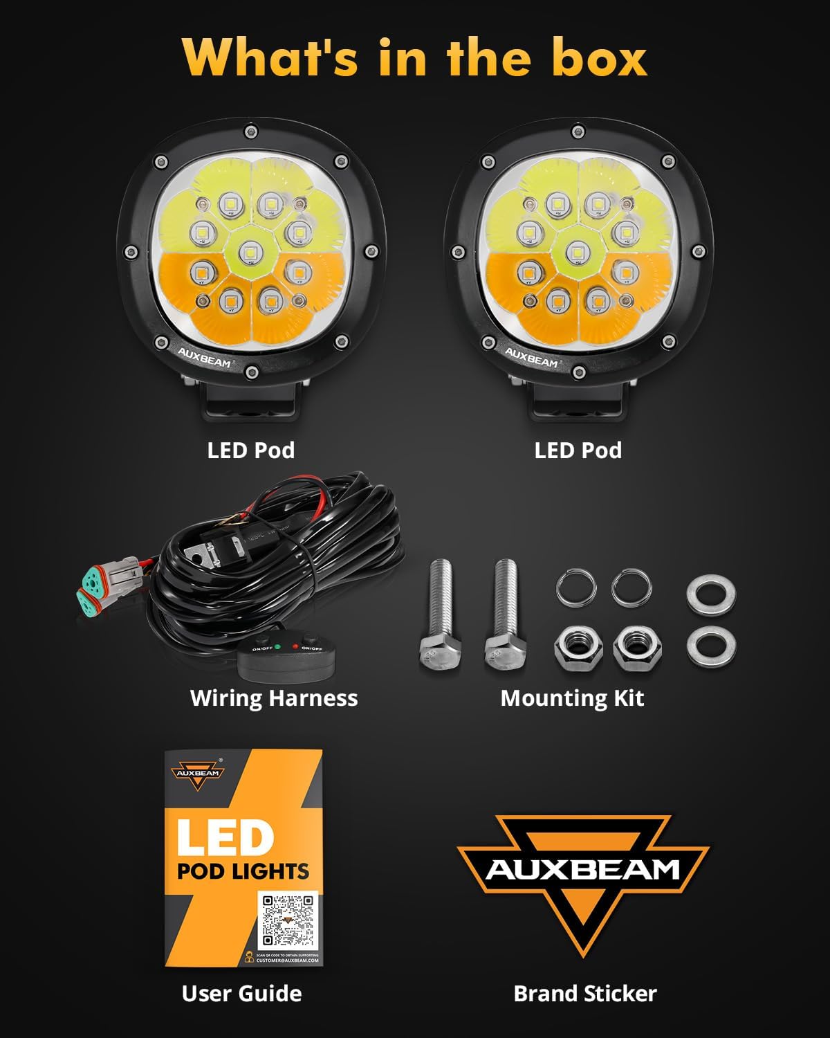Auxbeam 6 Modes Amber White Round LED Pods, P4 Series 4 Inch 90W Flashing Offroad Strobe Lights, Dual Color Warning Off Road Fog Lights, 4x4 ATV Car Truck Spotlights, Pair