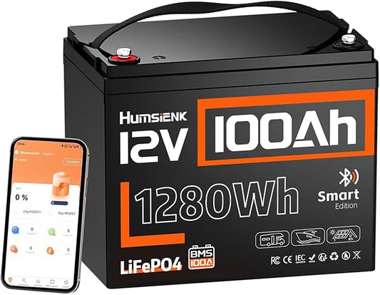 12V 100Ah LiFePO4 Lithium Battery Bluetooth - BCI Group 24 Deep Cycle Battery, Built-in 100A BMS & Low-Temp Protection, 15000+ Cycles, for RV/Marine/Trolling Motor/Off-Grid/Home Backup