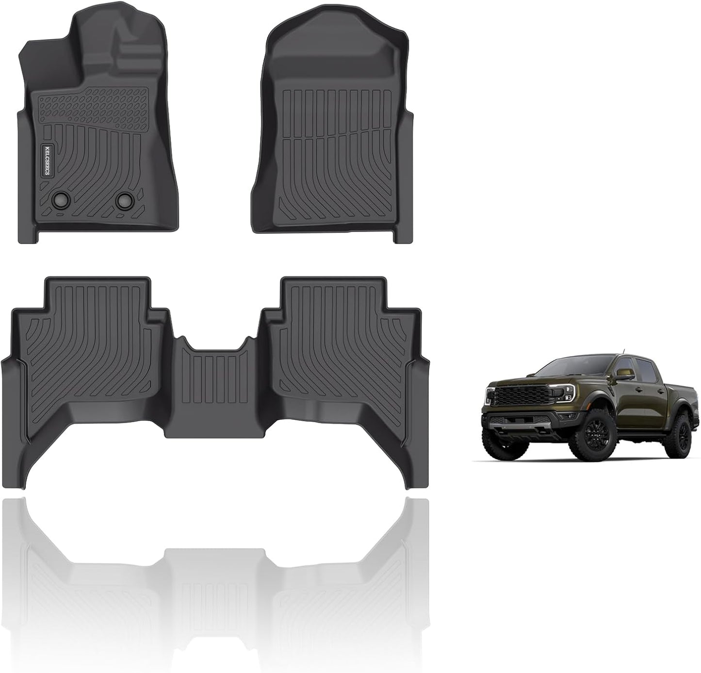 KELCSEECS® Floor Mats Custom for Ford Ranger SuperCrew Cab 2024-2025 All Weather Protection TPE Heavy Duty Non-Slip Automotive Floor Liners Fits Front & 2nd Row Full Set Accessories, Black