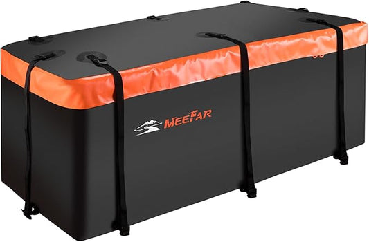 MeeFar Hitch Mount Cargo Carrier Bag Soft Shell 100% Waterproof 20 Cubic Feet (59" 24" 24") Include 8 Reinforced Straps for Truck Pickup All Vehicle with Steel Cargo Basket
