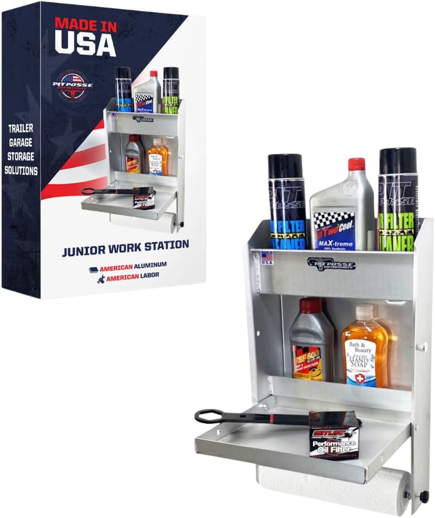 Pit Posse 458 Jr Work Station Storage Cabinet Shelf Rack Holder Caddy - Made in USA - Garage Enclosed Race Trailer Automotive Mechanics Shop Storage Organizer Aluminum (Silver)