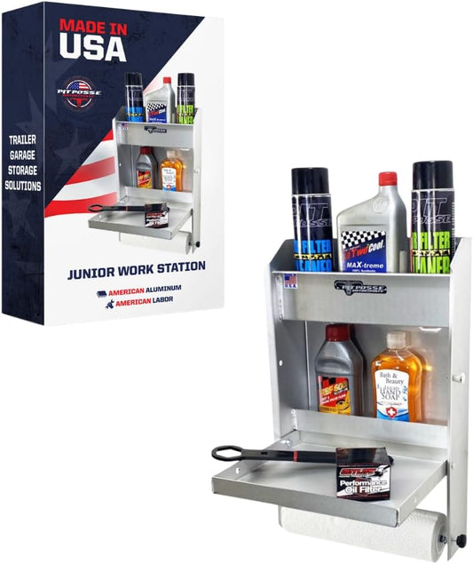 Pit Posse 458 Jr Work Station Storage Cabinet Shelf Rack Holder Caddy - Made in USA - Garage Enclosed Race Trailer Automotive Mechanics Shop Storage Organizer Aluminum (Silver)