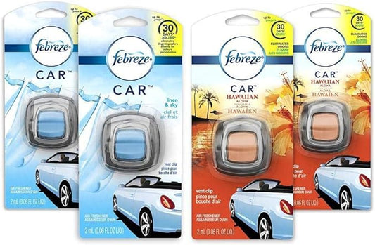 Febreze Car Air Fresheners, 2 Linen & Sky and 2 Hawaiian Aloha Scents, Odor Eliminator for Strong Odors (4 Count)