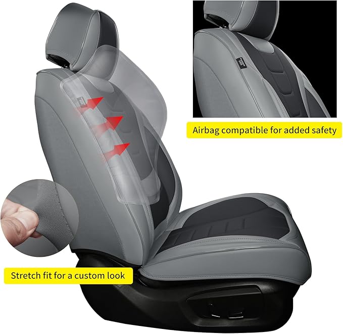 Car Seat Covers for Front Seats,Waterproof & Breathable Faux Nappa Leather, 360° Full Wrap Design, Airbag Compatible, Lumbar Support, Great for Drivers Who Need Driving Comfort,Gray and Black