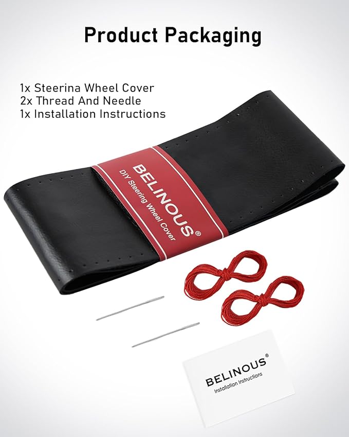 BELINOUS Leather Steering Wheel Cover Lace Up, Stitch On Wrap, Universal Fit 13-20 inch Car Truck SUV Pickup Boat, A Whole Piece of Cowhide, DIY Stitch w/Needle Thread (Size M1, Black and Red)