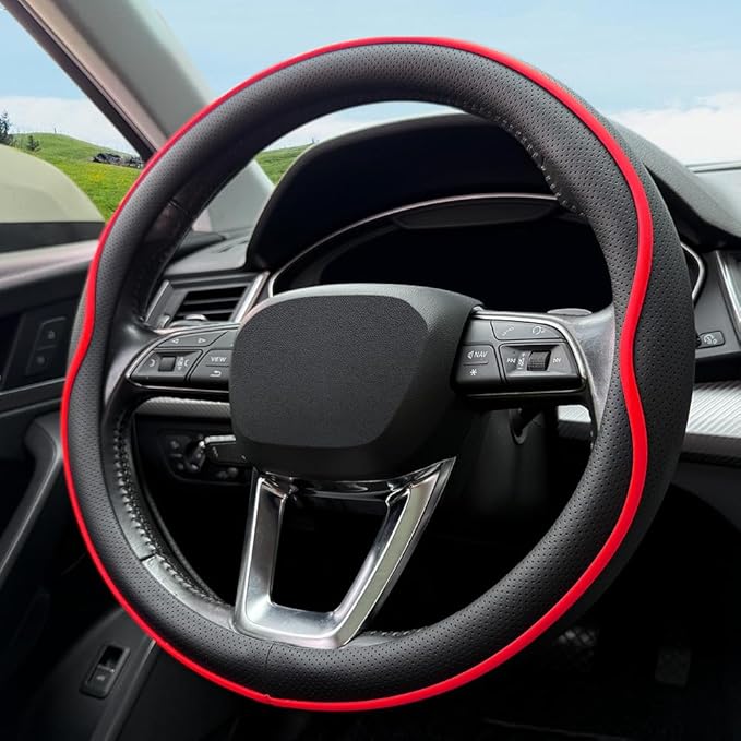 Leather Steering Wheel Cover， with Anti-Slip Stripe Design - Enhanced Grip, Fashion Style, Safe, Non-Slip, Breathable. Upgrade car Interior，Black red