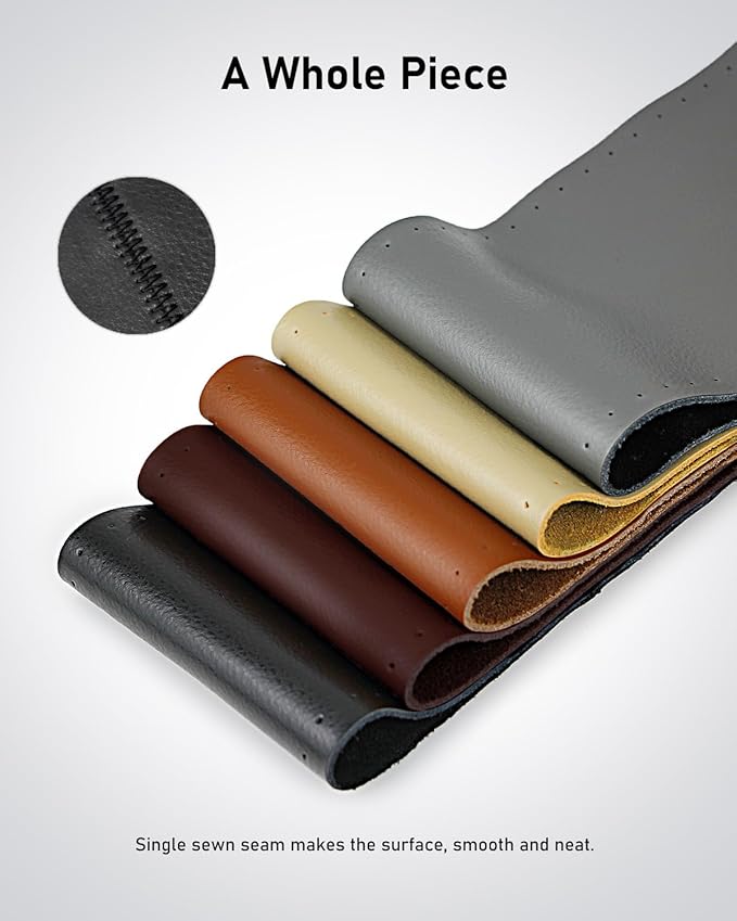 BELINOUS Leather Steering Wheel Cover Lace Up, Stitch On Wrap, Universal Fit 13-20 inch Car Truck SUV Pickup Boat, A Whole Piece of Cowhide, DIY Stitch w/Needle Thread (Size L2, Black)