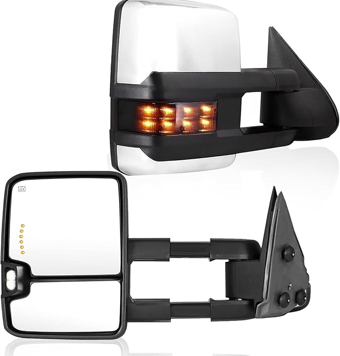 Towing Mirrors Compatible with 2007-2014 Chevy Silverado GMC Sierra 1500 2500 HD 3500 HD (07 Only for New Body) Chrome Power Heated Turn Signal Light Manual Folding Extendable Pair Set