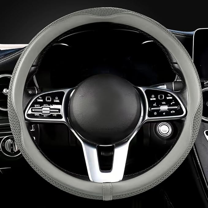 LKWLIKEI Car Steering Wheel Cover, Universal 15 inch, The Latest Microfiber Leather Breathable Technology Fabric, Non-Slip, Comfortable, Warm in Winter and Cool in Summer, Grey