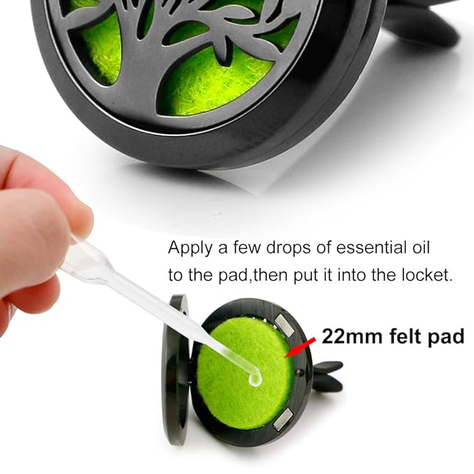 2PCS Tree of Life Car Diffuser Aromatherapy Essential Oil Black Stainless Steel Locket with Vent Clip 12 Felt Pads