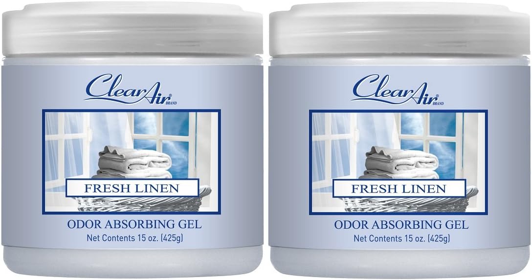 Clear Air Odor Absorber Gel - 15 oz, Pack of 2 - Air Freshener Absorbs and Eliminates Odors in Bathrooms, Cars, Boats, RVs and Pet Areas - Made with Essential Oils - Fresh Linen Scent