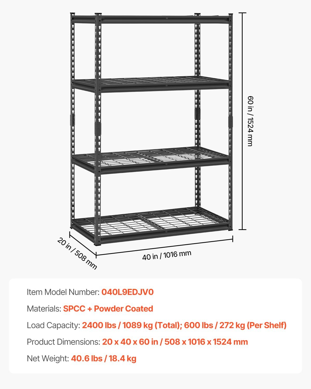 VEVOR Storage Shelves, 2400 lbs, 4 Tier Heavy Duty Garage Shelving, 20" D x 40" W x 60" H Adjustable Metal Shelves for Industrial Shelving Unit Utility Shelf, for Kitchen, Warehouse, Basement, Black
