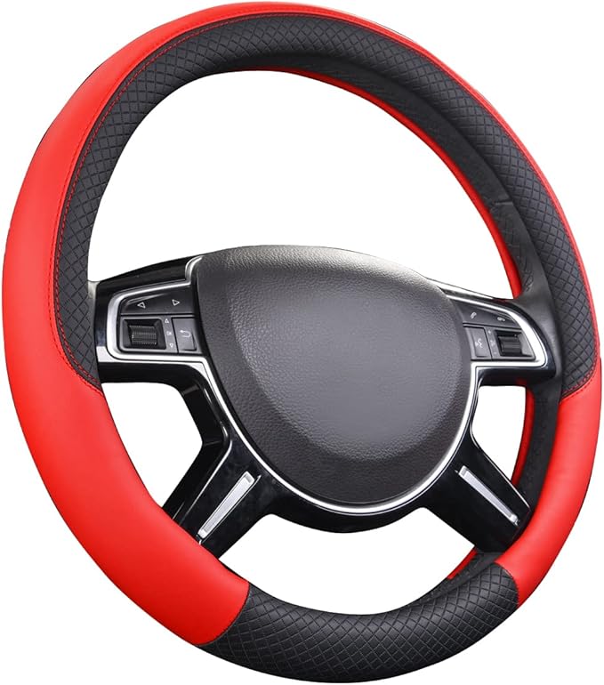 CAR PASS Rhombus Leather Universal Steering Wheel Cover, Fit for Suvs,Trucks,Cars,Sedans,Vans (Black&Red)