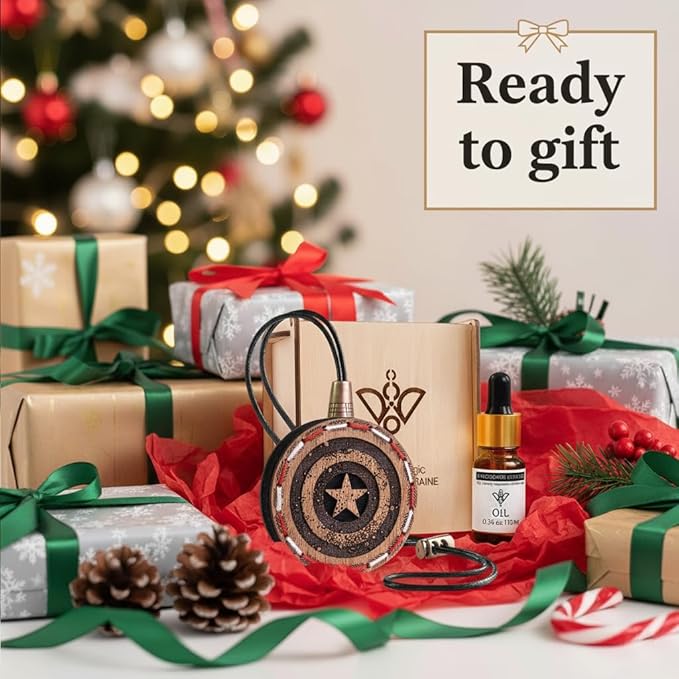 Wood Car Air Freshener — Handmade Car Air Freshener — Captain Shield Designed Fragrance Oil Diffuser in Wooden Gift Box — Aromatherapy Gift Set with Mountain Rain Fragrance Oil - 10 ml