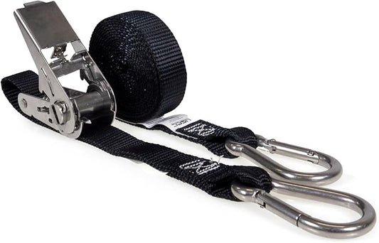 US Cargo Control Stainless Steel Ratchet Strap with Carabiner Hooks, 1" X 10', 500 LBS Break Strength, Marine Tie Down Straps for Boats, ATVs, Trees, Camping, Snow & Saltwater Applications