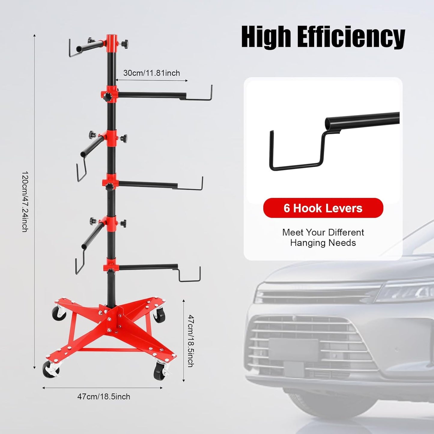 Panel Tree Stand for Painting Rotatable FreeStanding Panel Paint Holder with Wheels Adjustable Center Post for Hang Automotive Doors Fenders Bumpers, Car Repair Shops, Garages(18.5*18.5*47.2in)