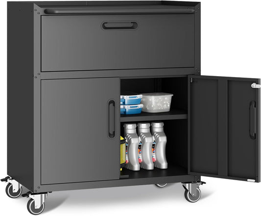 Metal Garage Storage Cabinet with Wheels,Locking Rolling Tool Cabinet with Drawers and Shelves for Home, Office, Garage & Workshop