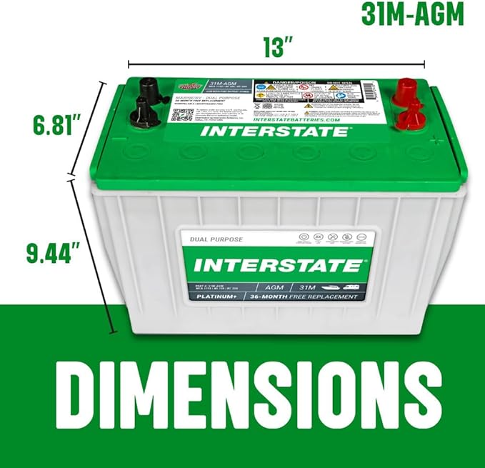 Interstate Batteries Marine/RV Battery 12V 100Ah 925CCA (31M-AGM) Dual Purpose Power Pure Lead AGM RV & Marine Starting Replacement Battery (Group Size 31M) Boats, RV's