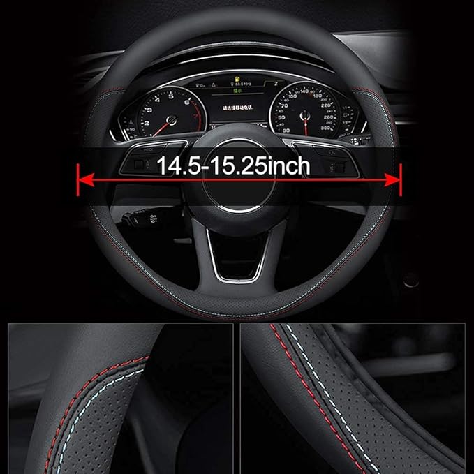 Carodi Latest Nappa Leather car Steering Wheel Cover, Stylish Non-Slip Leather car Interior 15 inches Universal（Black）