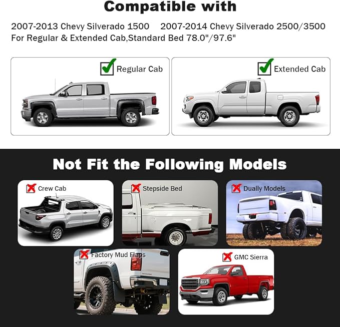 G-PLUS Wheel Cover Fender Flares Compatible with 2007-2013 Chevy Silverado 1500/2007-2014 Chevy Silverado 2500HD 3500HD 78.0"/97.6" Long Bed Fleetside New Body Style,Textured[Not Fit Gmc Sierra]