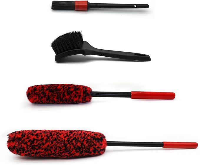 Wheel Brush Kit for Cleaning Wheel and Tire, 2 Soft Bendable Wheel Woolies Cleaning Brush, Stiff Tire Brush, Detailing Brush, Flexible&Durable Wheel Rim Cleaner Brush Set (Red)