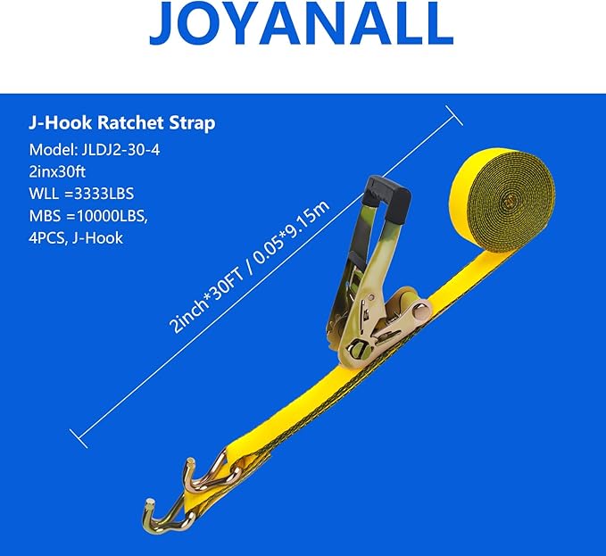2 Inch Ratchet Straps Heavy Duty，30ft Tie Down Straps Ratchet with Double J Hook, 10000lbs Break Strength, Cargo Ratchet Straps for Moving, Truck, Trailers, Motorcycles (4 Pack)