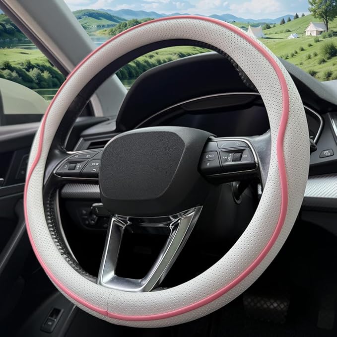 Leather Steering Wheel Cover， with Anti-Slip Stripe Design - Enhanced Grip, Fashion Style, Safe, Non-Slip, Breathable. Upgrade car Interior，White Pink