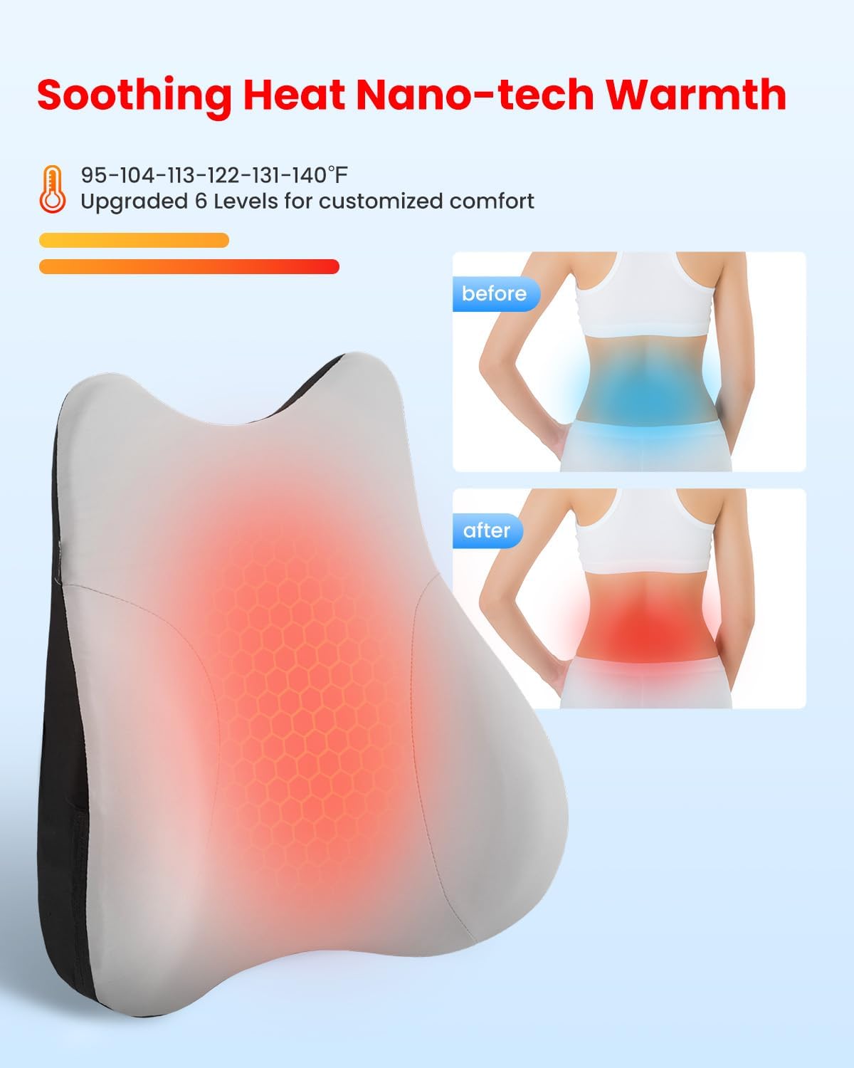 COMFIER Lumbar Support Pillow for Office Chair, Heated Back Support Pillow with 3 Vibration Modes & 3 Intensities, Ergonomic Back Support Cushion for Car,Recliner,Gaming Chair