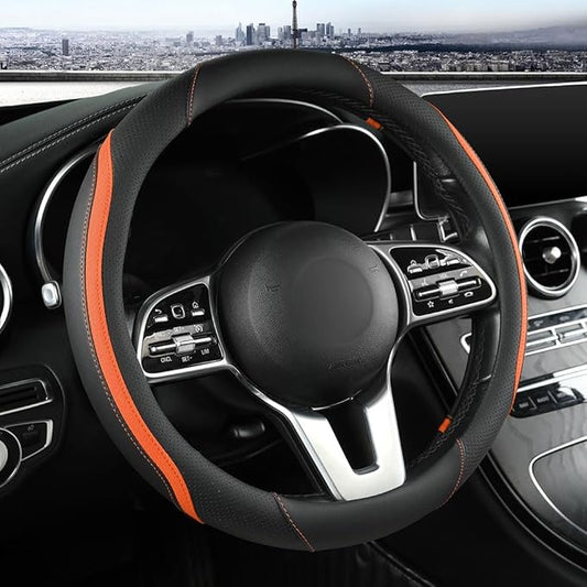 Car Steering Wheel Cover, Leather Steering Wheel Cover Orange Universal 14.5-15 Inch Microfiber Leather Anti-Slip Breathable Auto Steering Wheel Covers for Men Women (Black&Orange)