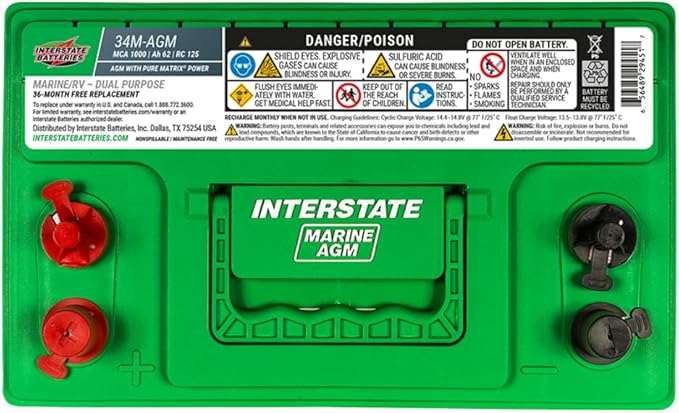 Interstate Batteries Marine/RV Battery 12V 62Ah 800CCA (34M-AGM) Dual Purpose Power Pure Lead AGM RV & Marine Starting Replacement Battery (Group Size 34M) Boats, RV's