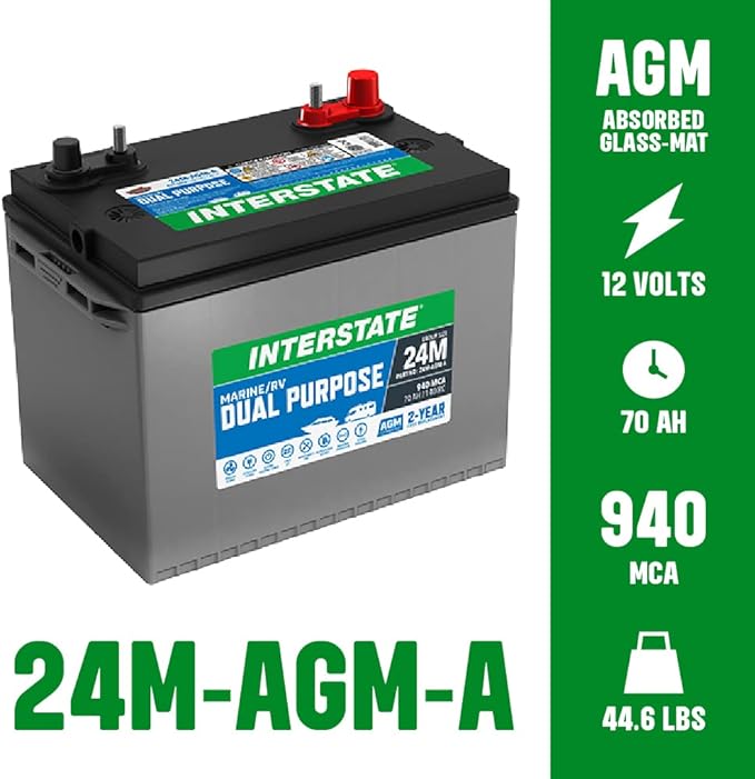 Interstate Batteries Marine/RV Battery 12V 70Ah 750CCA (24M-AGM) Dual Purpose Power Pure Lead AGM RV & Marine Starting Replacement Battery (Group Size 24) Boats, RV's