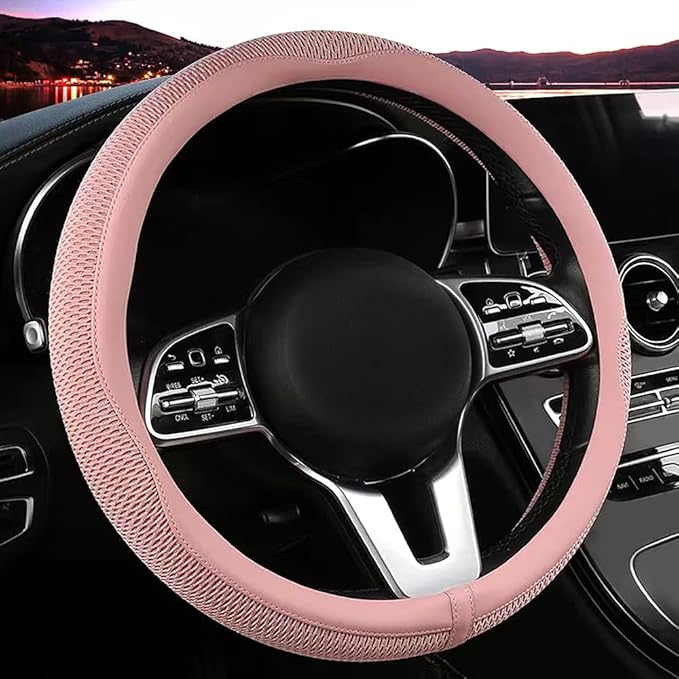 LKWLIKEI Car Steering Wheel Cover, Universal 15 inch, The Latest Microfiber Leather Breathable Technology Fabric, Non-Slip, Comfortable, Warm in Winter and Cool in Summer,Pink