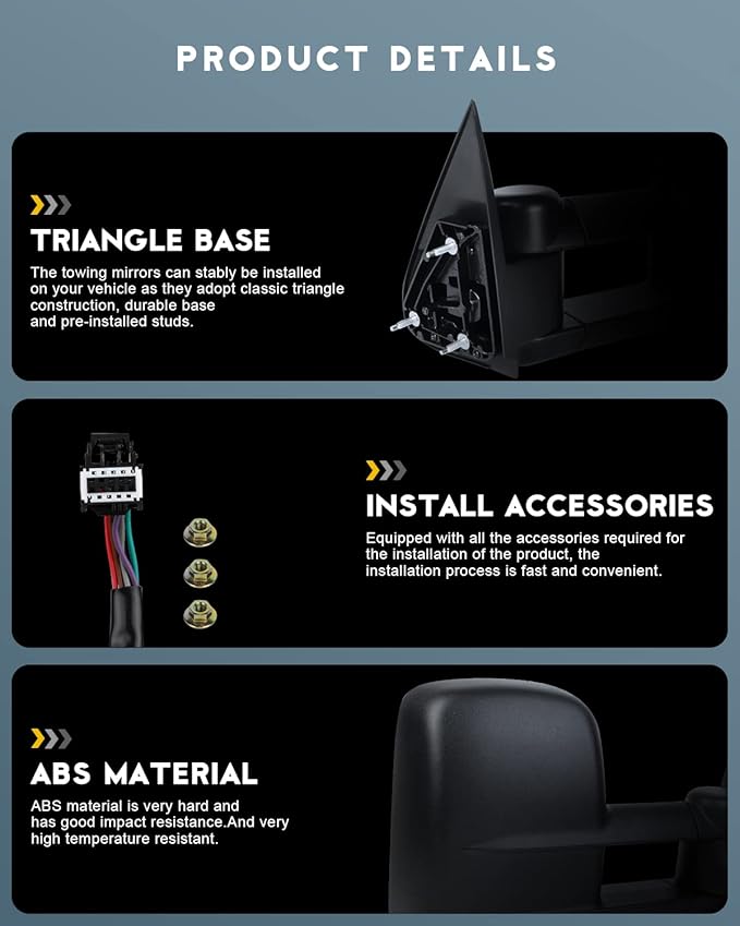 OCPTY Side View Tow Mirror Replacement Fit For 07 New Body Style 08 09 10 11 12 13 For Chevy/For Gmc Silverado/Sierra 1500/2500 Hd/3500 Hd Power Heated Black Towing Mirrors Pair Set