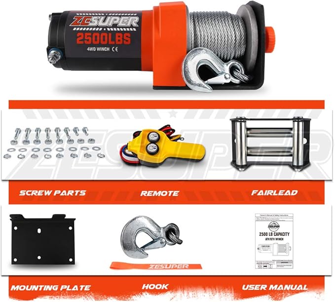 ZESUPER 2500 lb Electric Winch 50ft Steel Cable 12V DC UTV ATV Boat Trailer Winch with Handheld Remote Mounting Plate Waterproof Small Electric Winch ATV Winches Kits