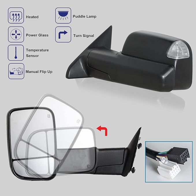 WLLW Towing Mirrors fit for 2009-2018 Dodge Ram 1500 2500 3500 Pickup with Power Adjusted, Heated, Turn Signal Light, Temperature Sensor, Puddle Lamp, Black Cap