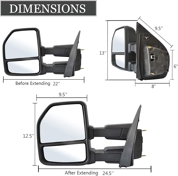 ReYee Towing Mirrors fit for 2015 2016 2017 2018 2019 2020 Ford F150 Pickup Truck Heated Power Turn Signal Puddle Lamp Auxiliary Light Temperature Sensor Manual Extendable Fold Black 22 Pin Plug