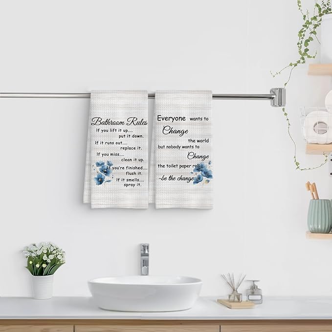 Funny Bathroom Rules Decorative Hand Towels Set of 2, Rustic Farmhouse Hand Towels for Bathroom Decor, 16x24 Inch(Blue Floral Style)
