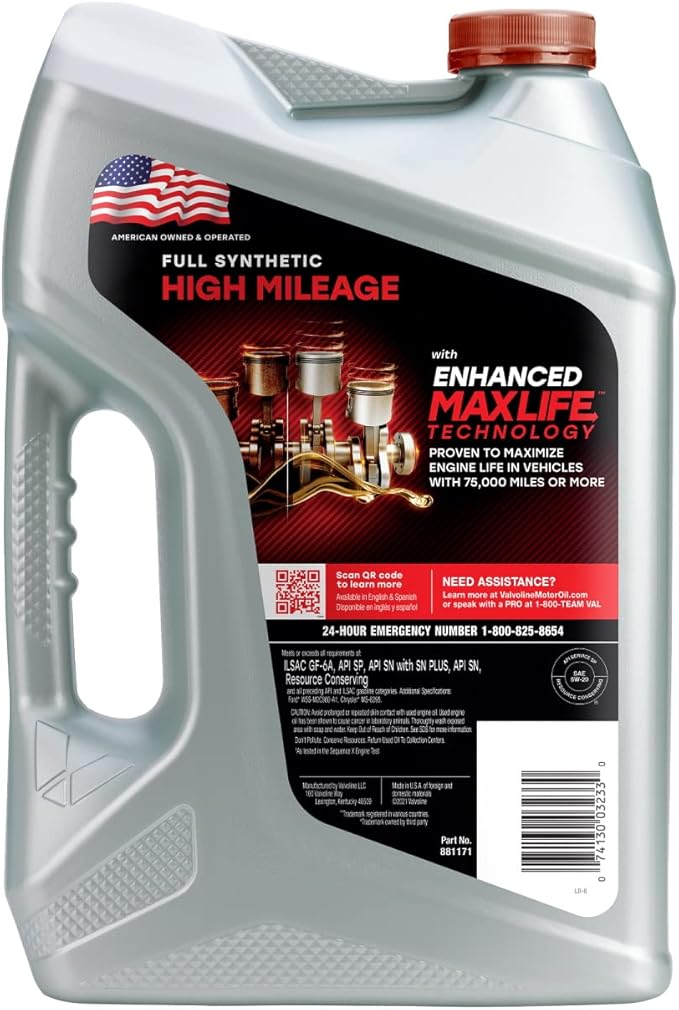 Valvoline Full Synthetic High Mileage with MaxLife Technology SAE 5W-20 Motor Oil 5 QT (Pack of 2)
